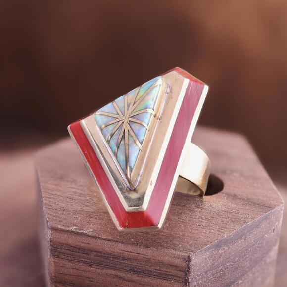 Vintage Larry Castillo Navajo Brass Coral Opal Inlay Brutalist SW Ring Size 9.25 - Picture 2 of 11
